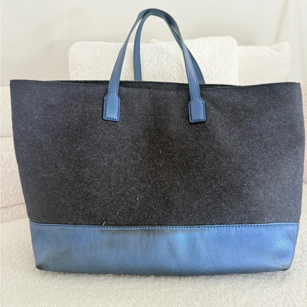 Tory Burch Emma Gray Wool & Metallic Blue Leather Tote‎ Bag